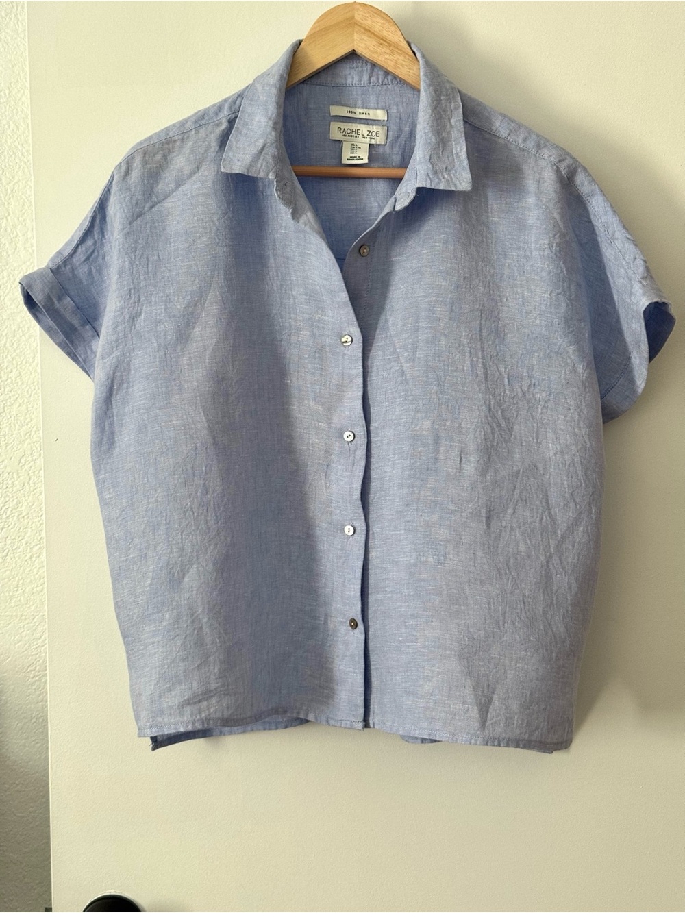 Rachel Zoe 100% Linen Blue Button Front Shirt Size Large Short Sleeve